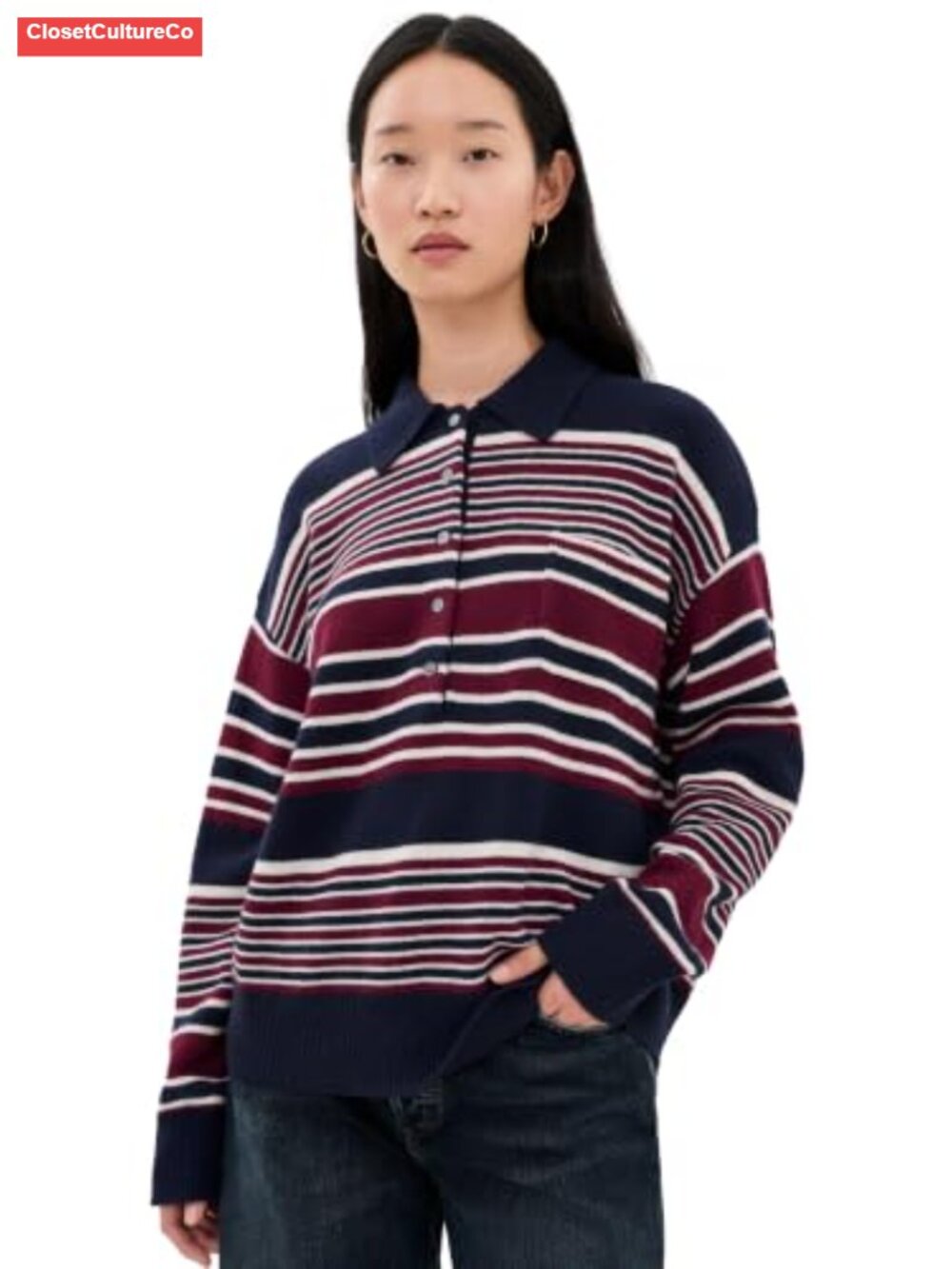 Oversized Rugby Sweater Mid-Weight Stretch Knit Collared Stripe Pullover